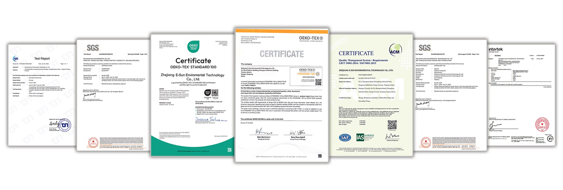 Kocean product and factory certificates — OEKO-TEX, ISO 9001, SGS, TÜV and Intertek